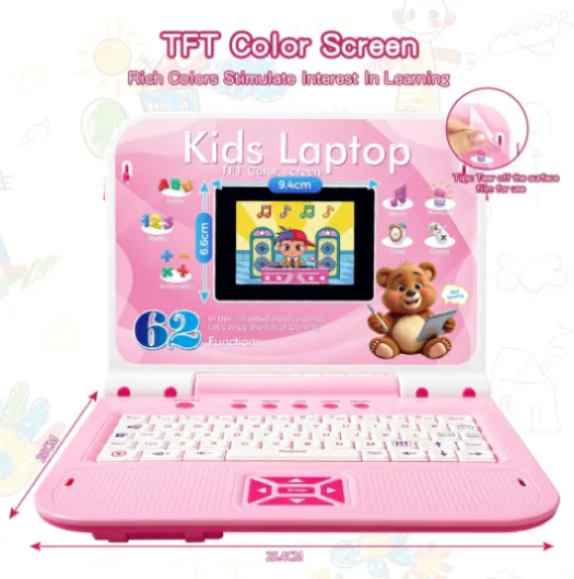 Ordinateur Enfant Portable Anglais : Écran Couleur, 62 Activités (Mots, Mathématiques, Jeux), Souris - Jouet Fille 5 Ans Rose