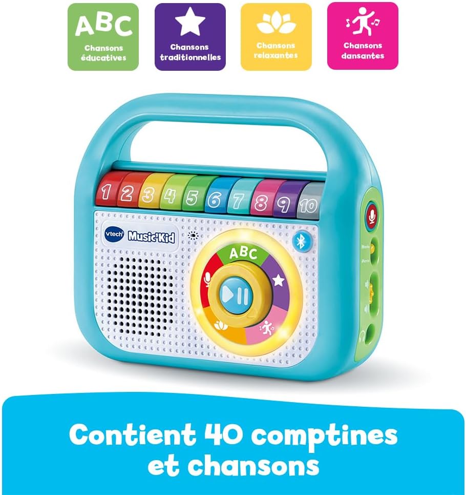 Music'Kid Bleu, Baladeur Musical Enfant, Enceinte Bluetooth Lumineuse avec Comptines, Chansons Éducatives et Relaxantes, Enregistreur Vocal, Cadeau Enfant Dès 2 Ans - Contenu en Français