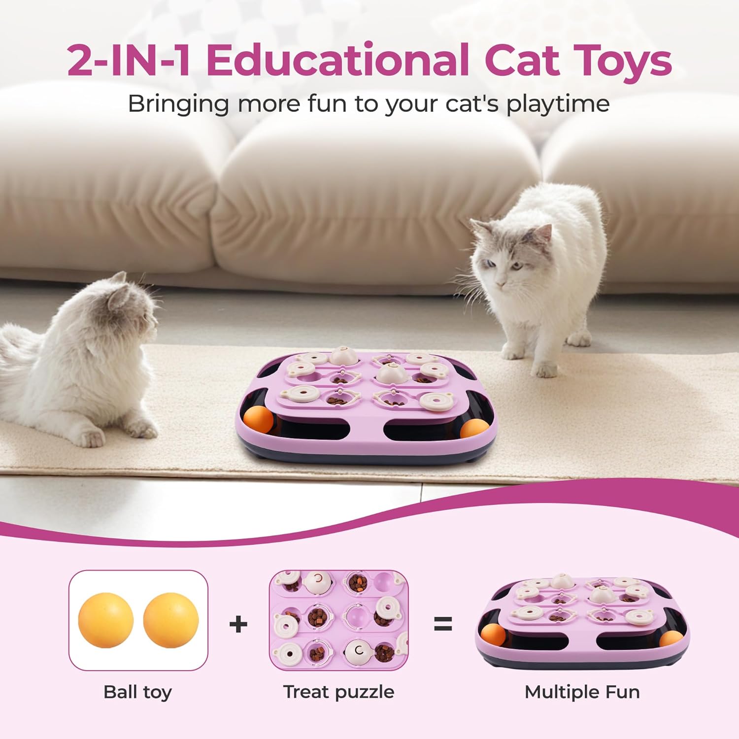Jouet Interactif pour Chat, 2 en 1 Jouet Distributeur Croquette Chats avec Balle à Piste, Gamelle Ludique Chat Jeux pour Chats Appartement Interieur Seul à la Maison Violet