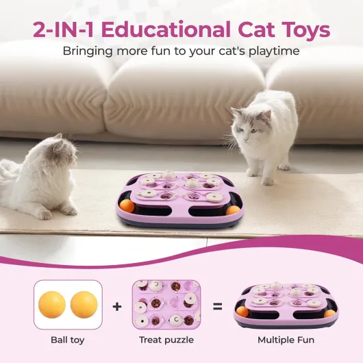 Jouet Interactif pour Chat, 2 en 1 Jouet Distributeur Croquette Chats avec Balle à Piste, Gamelle Ludique Chat Jeux pour Chats Appartement Interieur Seul à la Maison Violet