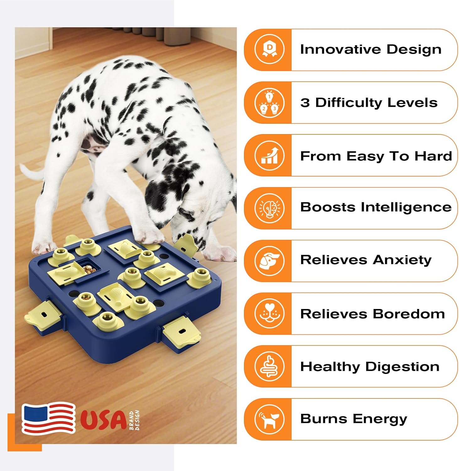 Jouet interactif 3-en-1 pour Chien, Puzzle éducatif Anti-Ennui, Stimulation mentale et Distribution de friandises, Niveau 3, pour Chiots et Chiens de Petite, Moyenne ou Grande Taille Jaune Bleu Grand