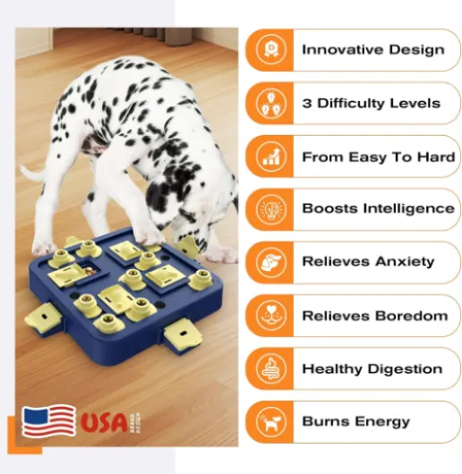 Jouet interactif 3-en-1 pour Chien, Puzzle éducatif Anti-Ennui, Stimulation mentale et Distribution de friandises, Niveau 3, pour Chiots et Chiens de Petite, Moyenne ou Grande Taille Jaune Bleu Grand