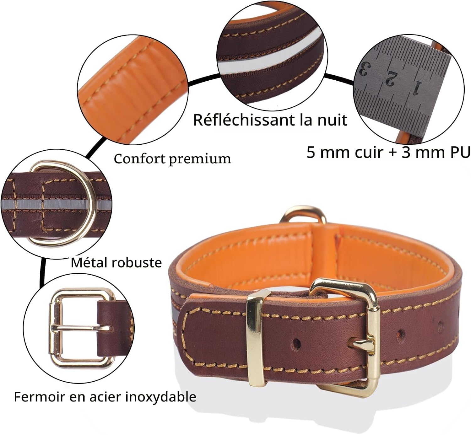 Collier pour Chien en Cuir, Véritable Robuste Réglable Rrembourré et Réfléchissant, pour Chiens de Taille Moyenne, Grande et Très Grande (L) L:Neck 44-55cm,Width 3cm
