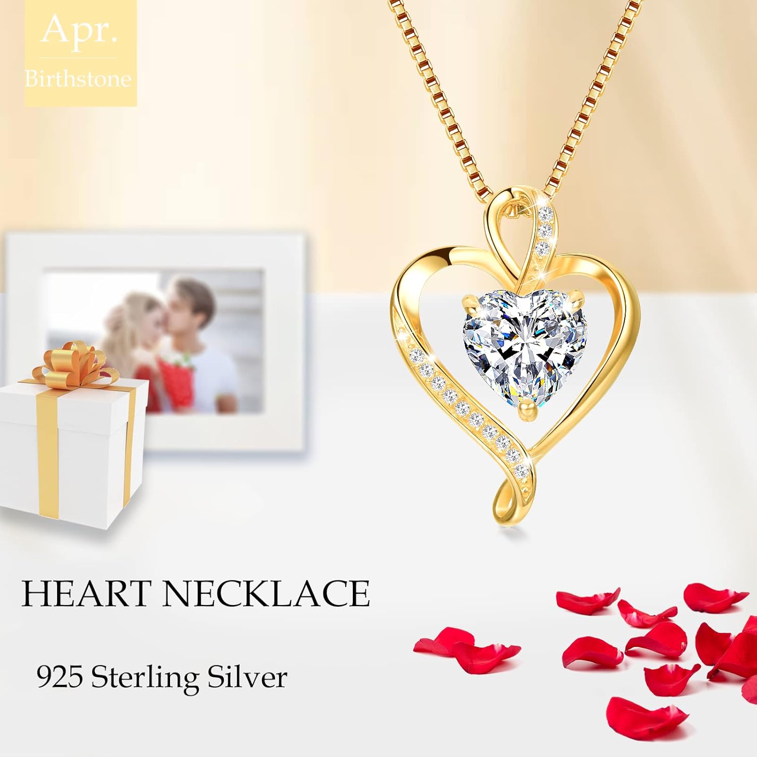 Collier Coeur pour Femme en Véritable Argent Sterling 925/Laiton Or Rose Pendentif D'amour pour Femme Collier Cadeaux Elle Cadeau Fete Des Meres Cadeau de Noël Anniversaire Argent sterling-Or-04-Avril