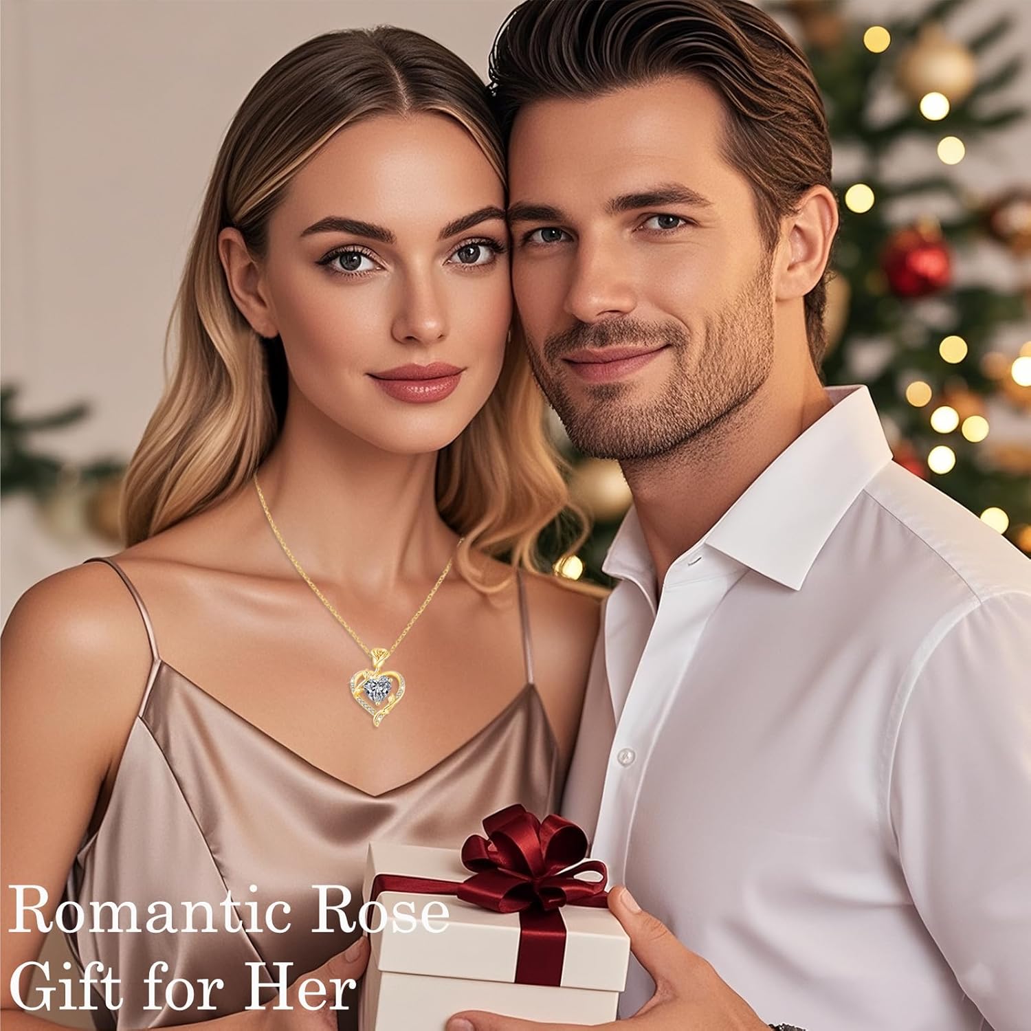 Collier Femme Argent 925, Rose Collier avec Pendentif Cœur Bijoux Idee Cadeau Femme Anniversaire Saint-Valentin Noël Cadeau Maman Fête des Mères Laiton-Or-04-Avril