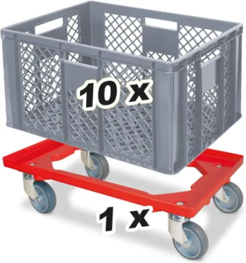 BRB Lot économique de 10 bacs empilables et roulettes de transport, 600 x 400 x 320 mm, qualité industrielle, convient à un usage alimentaire, gris