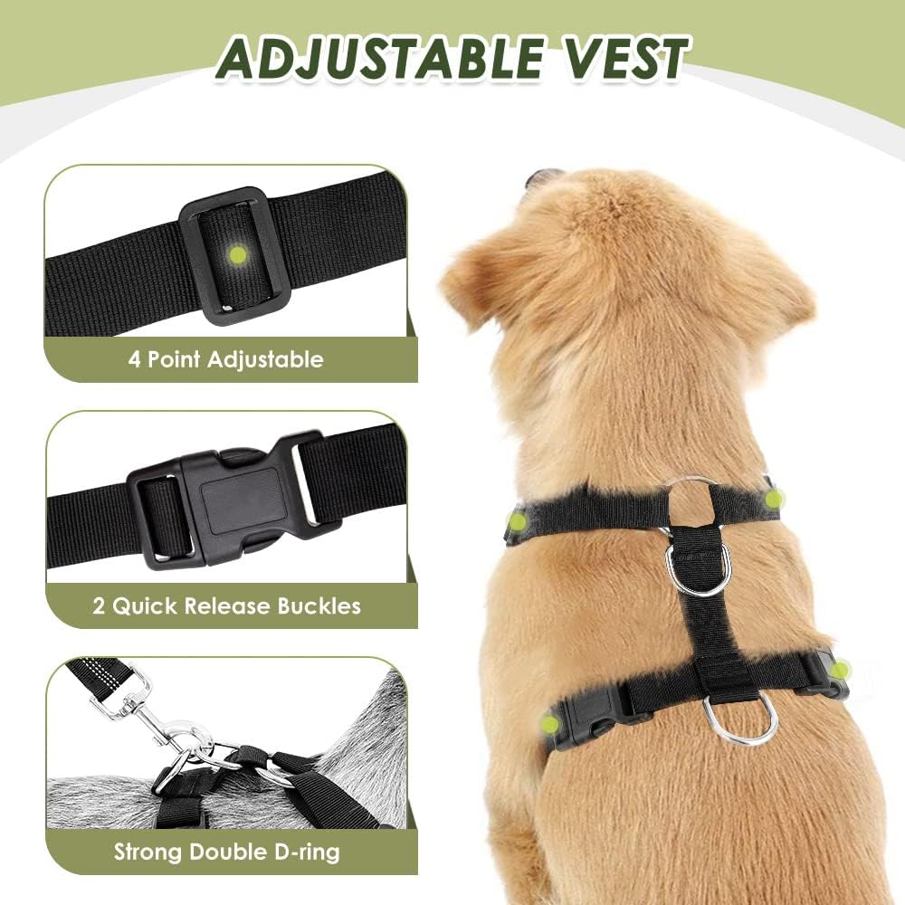 Ensemble de Harnais et Laisse de sécurité de Voiture, Multifonction Tissu Réglable Respirant Gilet Ordinaire Harnais avec Ceinture De Sécurité en Voiture Route Voyage Promenade S Noir