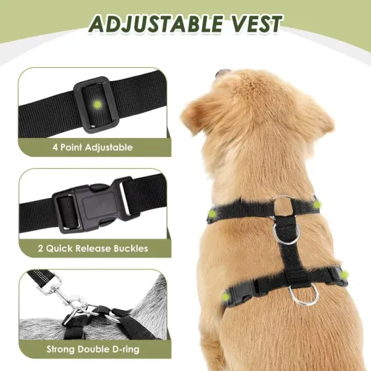 Ensemble de Harnais et Laisse de sécurité de Voiture, Multifonction Tissu Réglable Respirant Gilet Ordinaire Harnais avec Ceinture De Sécurité en Voiture Route Voyage Promenade S Noir