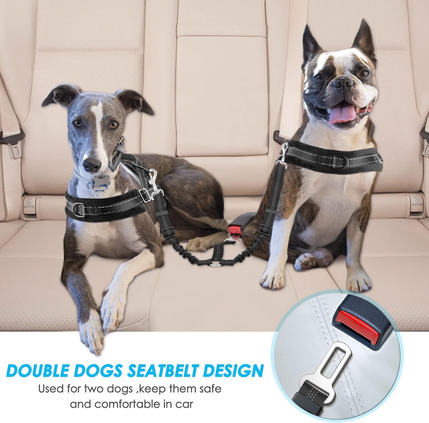 Double Ceinture Chien Voiture - Laisse Double pour 2 Chiens Réfléchissante Réglable Ceinture de Securité pour Chien Voiture en Nylon élastique Harnais Voiture pour Chien Absorption des Chocs Noir ceinture de sécurité double