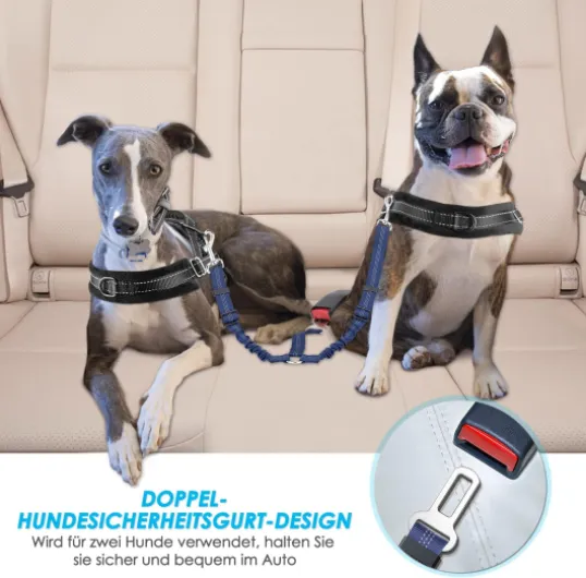 Double Ceinture Chien Voiture - Laisse Double pour 2 Chiens Réfléchissante Réglable Ceinture de Securité pour Chien Voiture en Nylon élastique Harnais Voiture pour Chien Absorption des Chocs Bleu ceinture de sécurité double