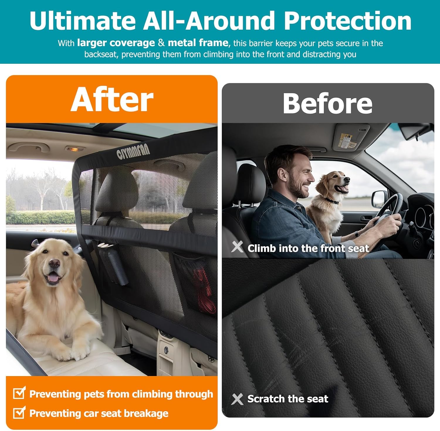 Grille de coffre et siège arrière pour chien avec une couverture plus large, barrière universelle pour grand SUV, MPV et camion, séparateur de voiture pour chien avec filet transparent résistant aux Large full-size sedans/large SUVs/pick-up trucks