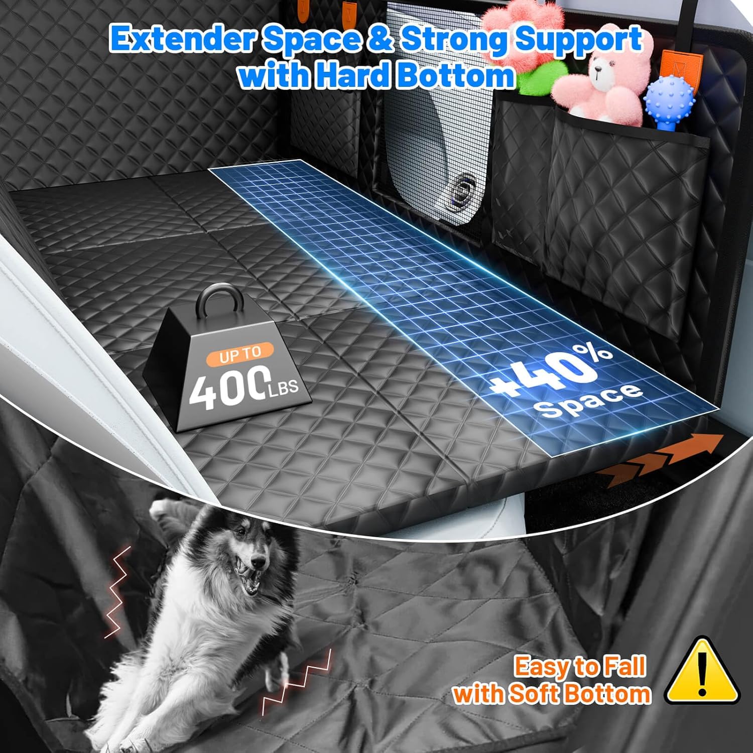 Protection Voiture Chien, aux Rayures et Imperméable Protection Voitures Chien, Fond Rigide Extension Housse Protege Voiture pour à la Plupart des Voitures et SUV(400lb) Noir Fond épais et dur