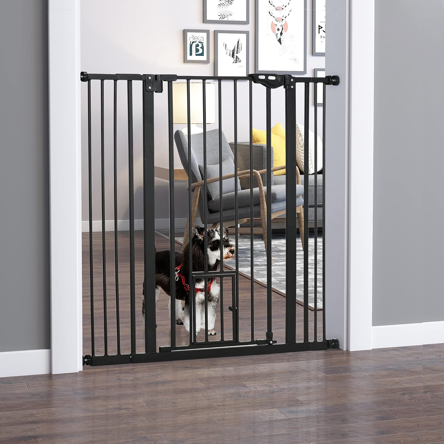 Barrière de sécurité Animaux de 104H cm Conception Haute avec Porte Chat Fermeture Automatique système de Double Verrouillage sans percage de 74 à 101 cm Acier Noir 74-101 x 104,1 cm Noir