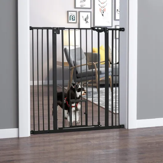 Barrière de sécurité Animaux de 104H cm Conception Haute avec Porte Chat Fermeture Automatique système de Double Verrouillage sans percage de 74 à 101 cm Acier Noir 74-101 x 104,1 cm Noir