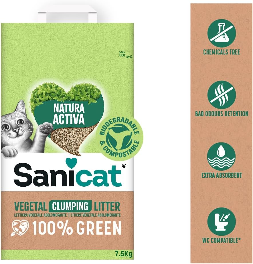 Litière Végétale Agglomérante Active Natura 100 % Green, Haute absorption et formation d'agglomérats de manière naturelle, Produit recyclé, 4 x 2.5 kg
