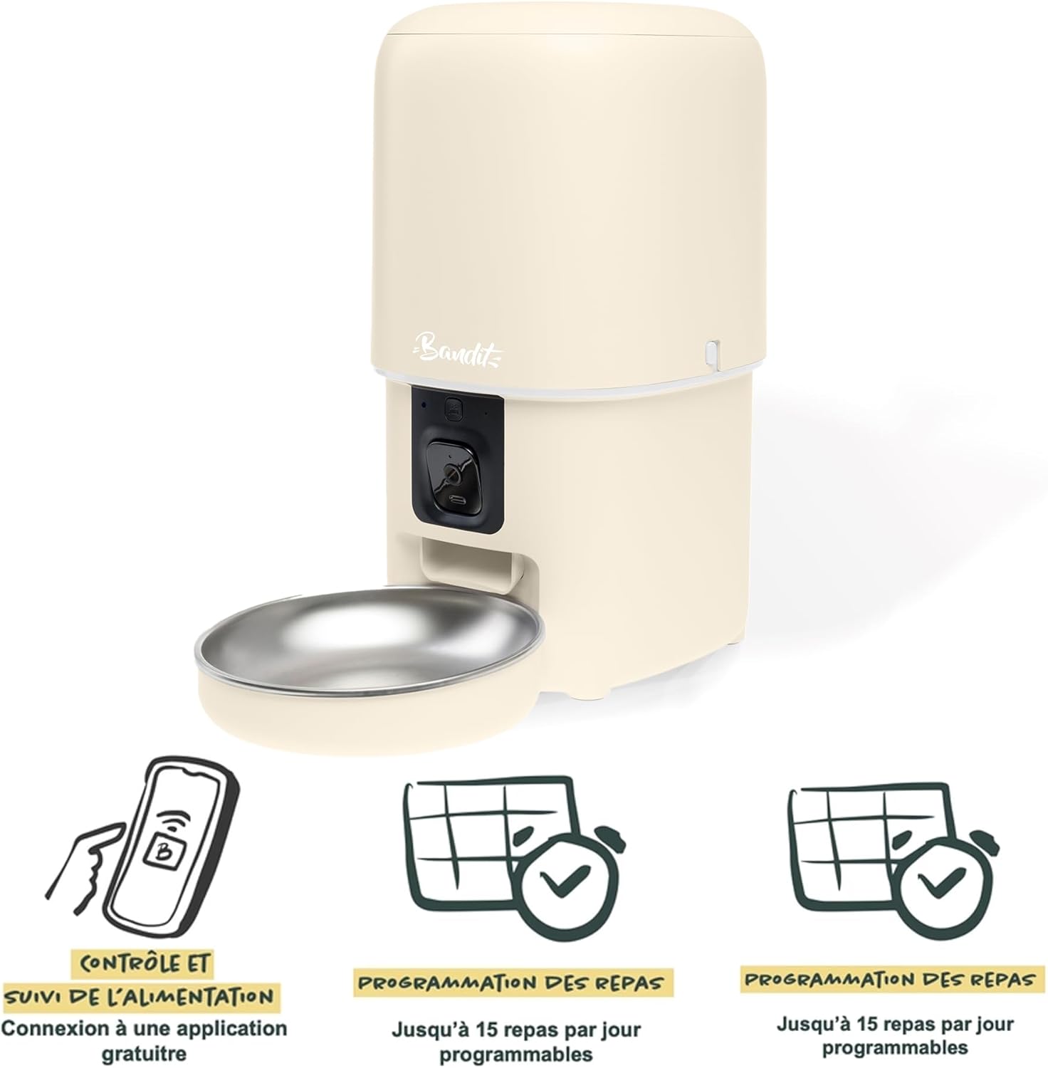 Bandit - Distributeur de croquettes Intelligent - Caméra HD & Micro - Suivi diététique pour Chats et Petits Chiens - Programmation jusqu'à 15 Repas - Réservoir 4L hermétique - Couleur crême Crème