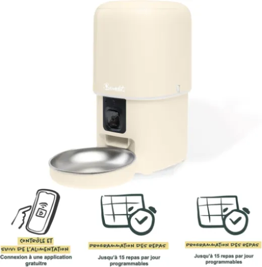 Bandit - Distributeur de croquettes Intelligent - Caméra HD & Micro - Suivi diététique pour Chats et Petits Chiens - Programmation jusqu'à 15 Repas - Réservoir 4L hermétique - Couleur crême Crème