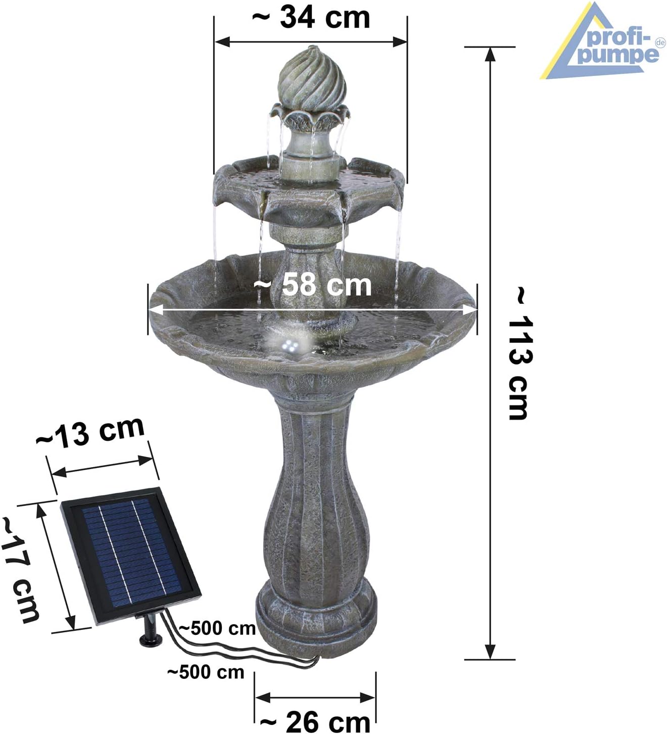 Fontaine De Jardin Solaire Style Classique 113cm avec Batterie Li-ION et Lumières LED, Pompe pour Jardin, Terrasse, Balcon