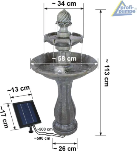 Fontaine De Jardin Solaire Style Classique 113cm avec Batterie Li-ION et Lumières LED, Pompe pour Jardin, Terrasse, Balcon