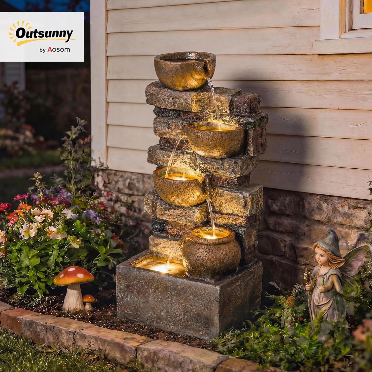 Fontaine Extérieure 72 cm avec 5 Niveaux de Pichets Rustiques et Design Roche, Cascade Moderne avec Lumières LED, Débit Réglable, Fontaine de Jardin Autoportante en Résine, Marron Rustique