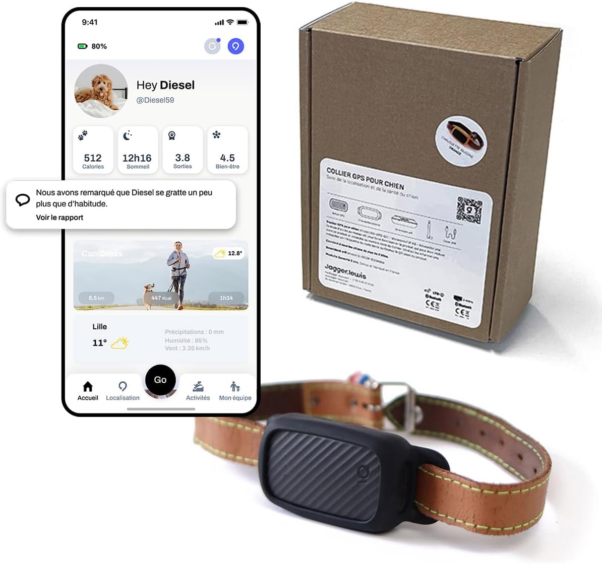 JAGGER LEWIS - GPS pour Chien sans abonnement - Carte SIM Incluse - Jusqu’à 15 jours d'autonomie - Localisation Temps réel - Alertes Fugue - Suivi Bien-être et activités - iOS Android - avec Smartdock Pack boitier+Smartdock Chaussette Charbon