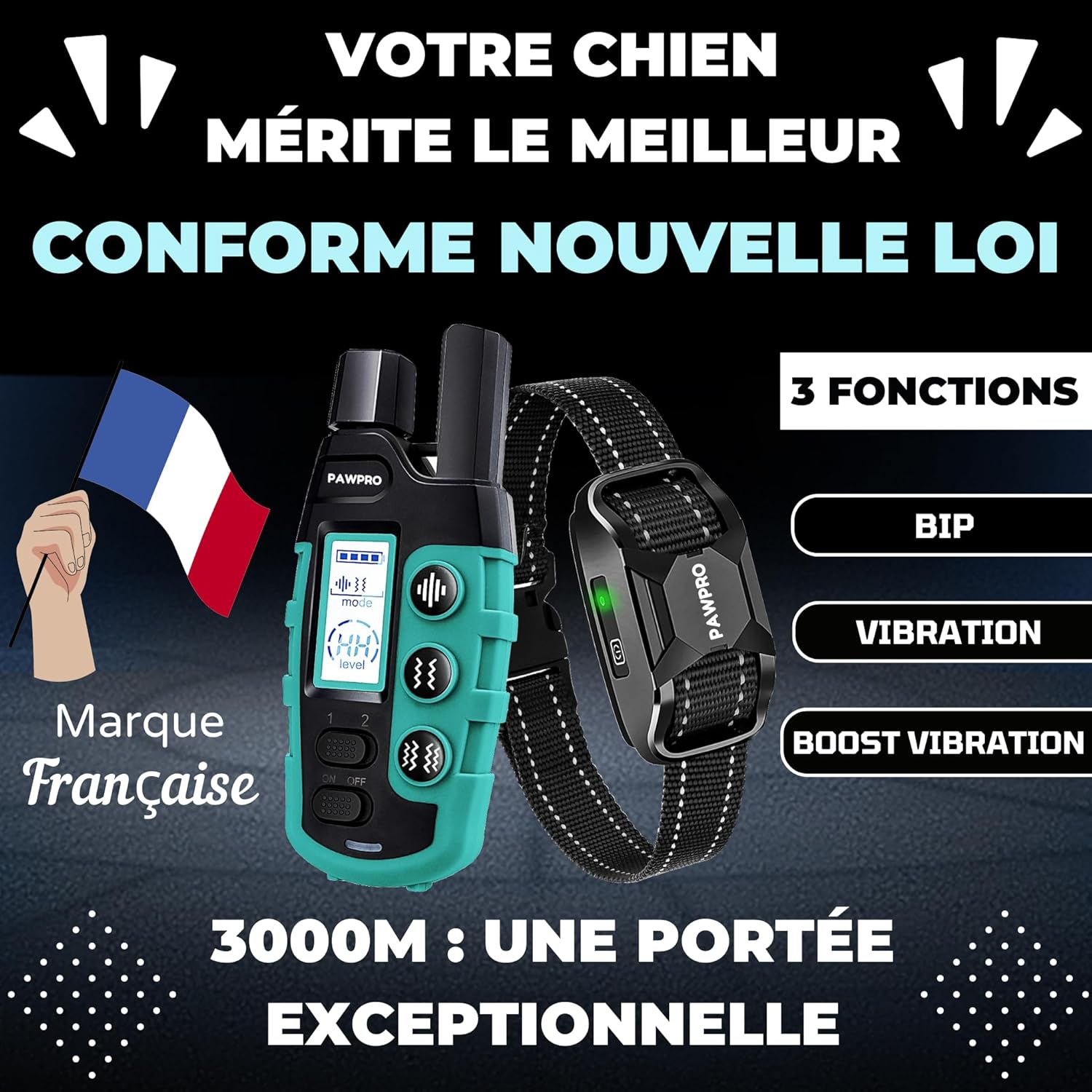 PAWPRO Collier de Dressage, Portée XXL de 3000m, Conforme Nouvelle Loi 2024 Bien-Être Animal, 3 Modes BIP, Boost Vibration, pour Chiens de Toutes Tailles, Marque Française (1pcs) 1 Collier