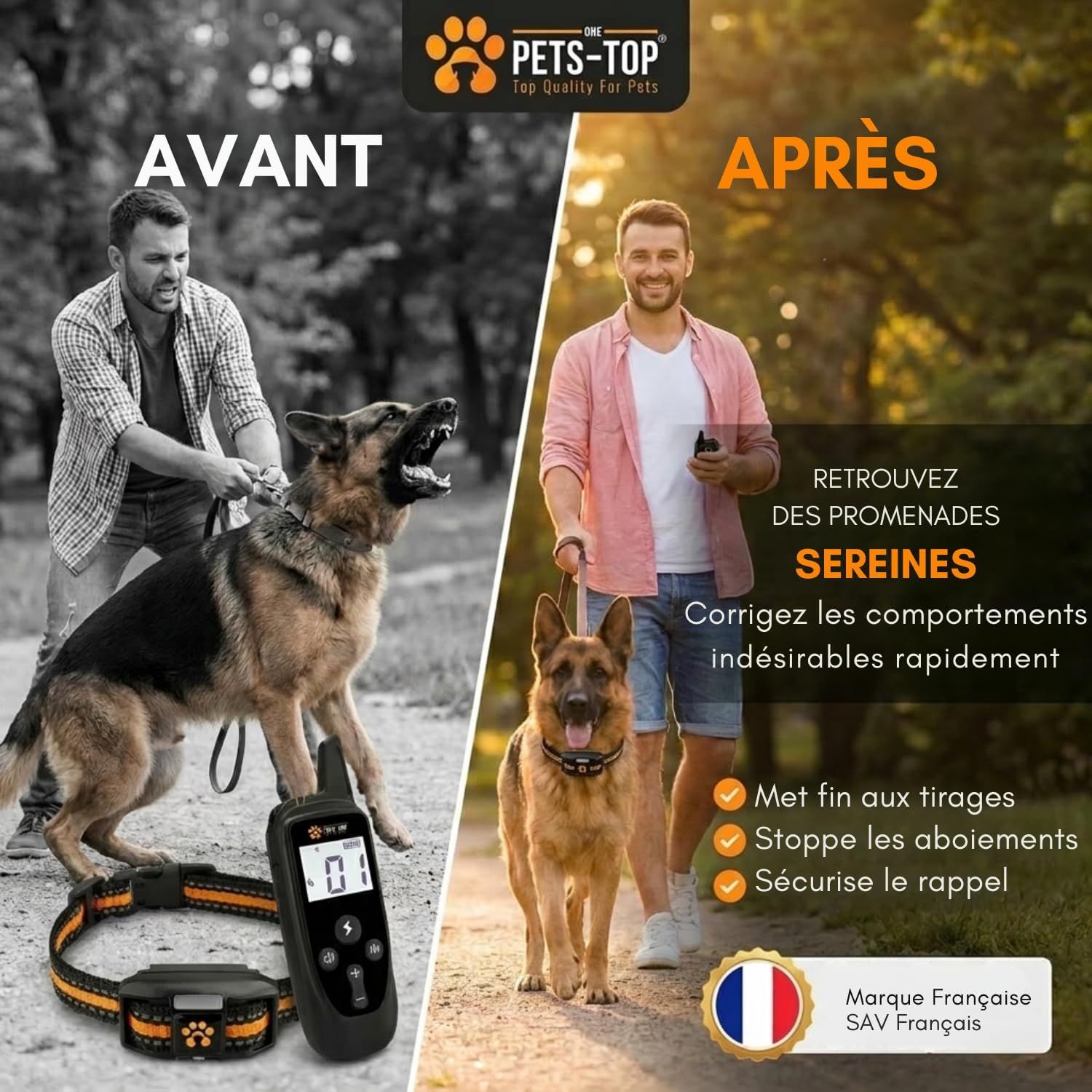 One PETS-TOP Collier De Dressage pour Chien, Portée de 3000m, Mode Vibration, Son, Choc Statique de 0 à 99, IPX67 Résistant à L’Eau, Petit et Gros Chien, Anti-aboiement