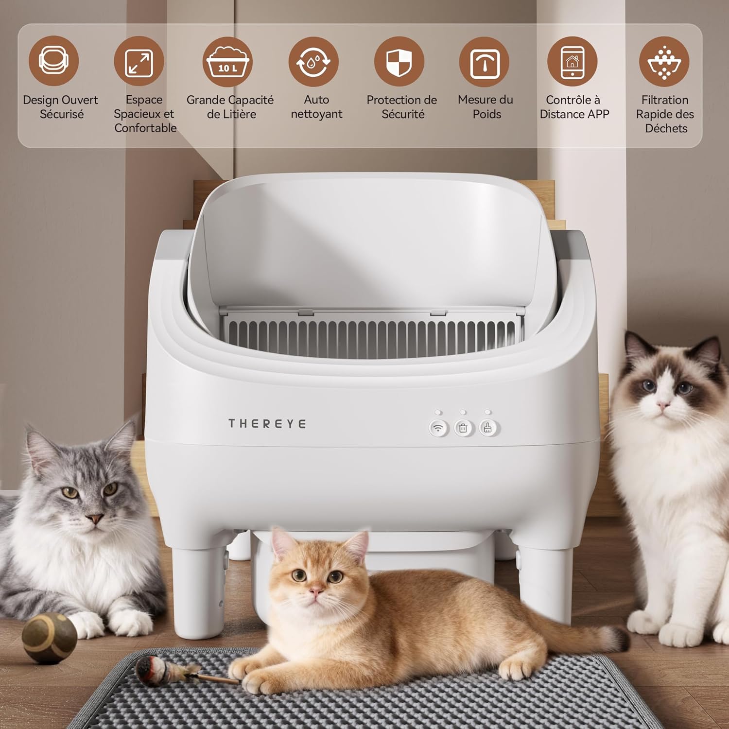 Litiere Chat autonettoyante avec Application et capteur de sécurité, Ouverture silencieuse, élimination des odeurs, pour Chats de 1,5 à 12,5 kg, Triple Protection Anti-pinceme gris