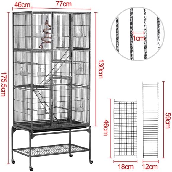 Grande Cage à Oiseaux à 3 Niveaux avec 2 échelles en métal Volière Extérieur avec Pied sur Roulette 81 x 46,5 x 175,5 cm Noir