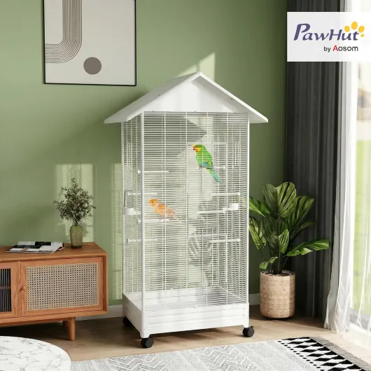 Cage Oiseau sur Pied, volière Oiseaux intérieure sur roulettes, avec Plateau Coulissant, 2 mangeoires et 8 perchoirs, pour pinsons canaris, 79 x 65 x 155 cm, Fil d'acier, Blanc
