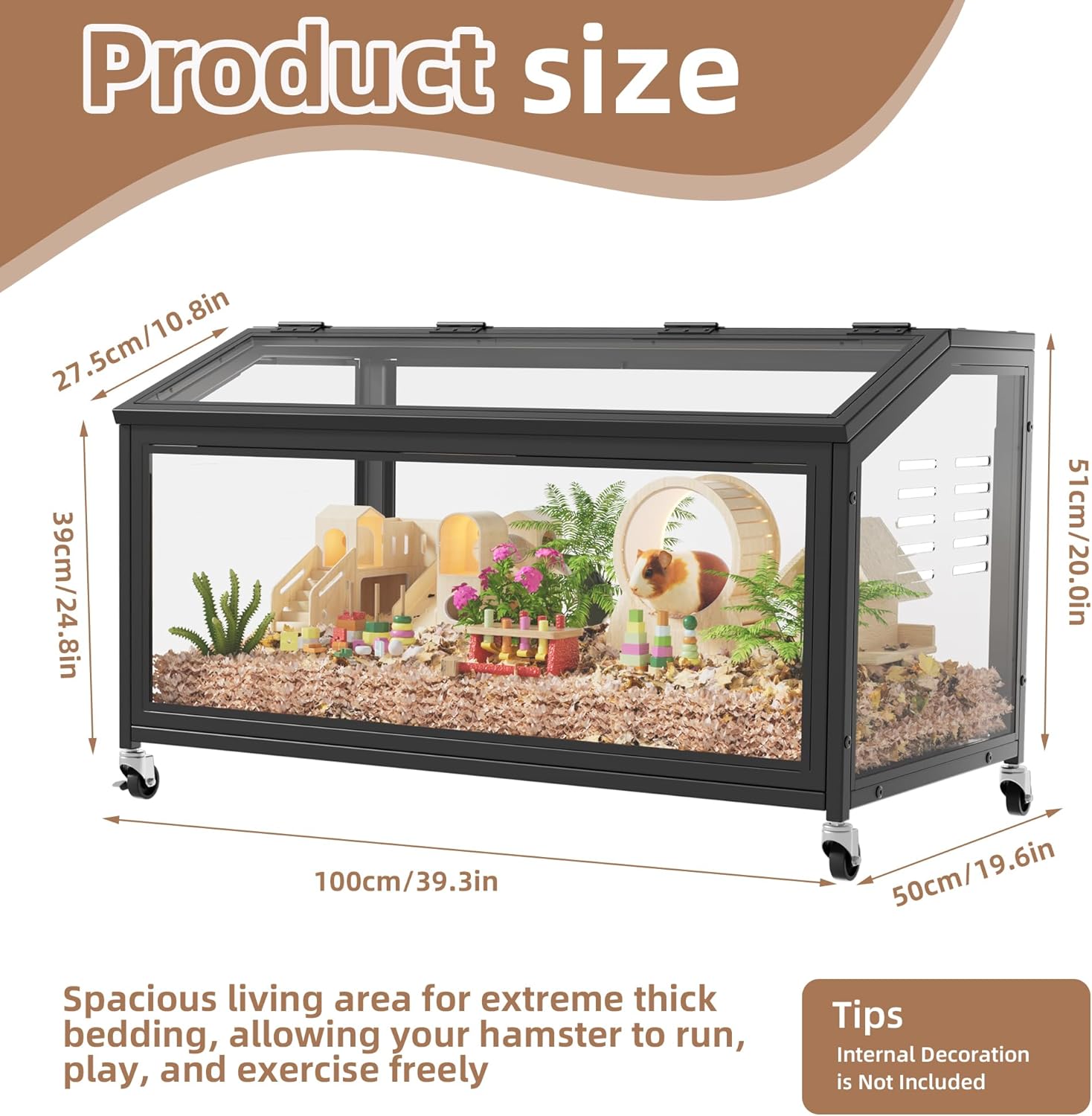 MSFE Cage pour Hamster à roulettes, 100x51x50cm Habitat Rongeurs Transparent de Vue Panoramique 360°, Grande Cage à Rongeurs, Respirant sur Trois côtés, pour Gerbilles et Cochon d'Inde, Souris, Rats