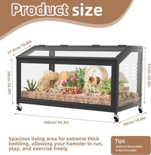 MSFE Cage pour Hamster à roulettes, 100x51x50cm Habitat Rongeurs Transparent de Vue Panoramique 360°, Grande Cage à Rongeurs, Respirant sur Trois côtés, pour Gerbilles et Cochon d'Inde, Souris, Rats