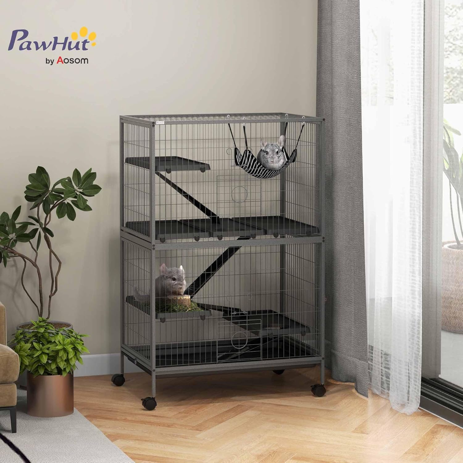 Cage pour rongeurs Multifonction 4 Plateformes 3 rampes 4 Portes dim - 80L x 52l x 128H cm métal Gris argenté Noir Neutre L 80 x l 52 x H 128 cm