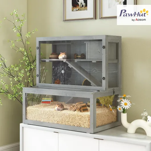 Cage Hamster en Bois à 3 Niveaux, Cage Rongeur avec Cabane, Roue, Rampes, Panneau Transparent, Espaces Séparés, pour Hamsters Nains, Gerbilles, 80x50x84cm, Gris