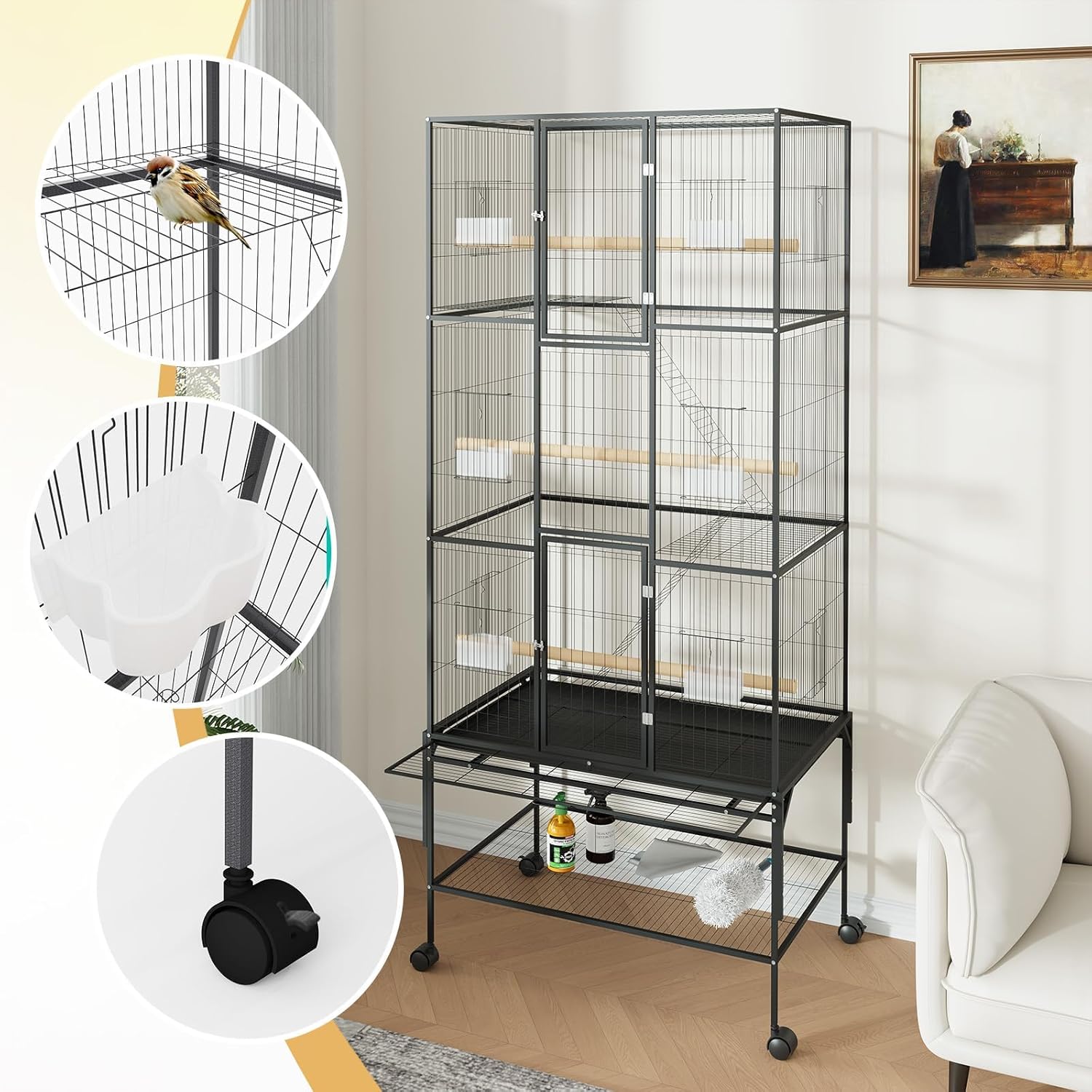 Grande cage à oiseaux, 81 x 47 x 175 cm, avec roulettes à 360 °, perchoirs, gamelle et bac à saleté, volière en métal pour l'intérieur et l'extérieur, cage d'élevage pour perroquets, perruches Noir