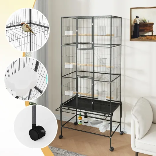 Grande cage à oiseaux, 81 x 47 x 175 cm, avec roulettes à 360 °, perchoirs, gamelle et bac à saleté, volière en métal pour l'intérieur et l'extérieur, cage d'élevage pour perroquets, perruches Noir