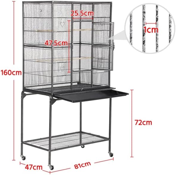Cage à Oiseaux Grande Cage pour perroquets 63'' avec Support pour Extérieur Intérieur 81 x 47 x 160 cm
