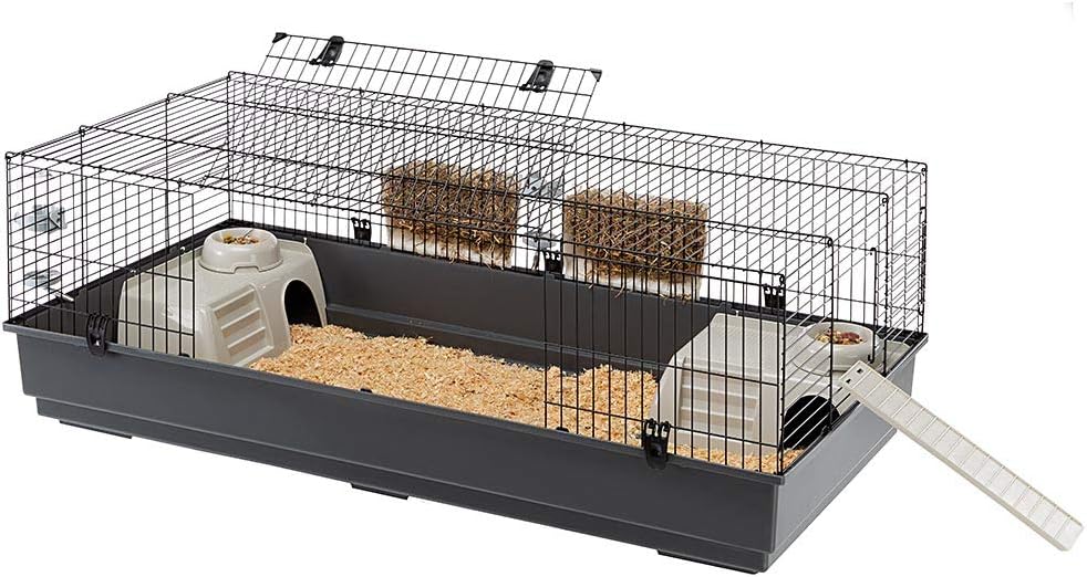 Cage pour Rongeurs RABBIT 140 pour Lapins, Cochons d'Inde, Cochons d'Inde, en Métal, Accessoires inclus : Mangeoires, Abreuvoirs, Abreuvoirs, Maisonnettes, Rampe d'accès par l'extérieur - 140x71xh51cm L 22 x l 15 x H 40 cm