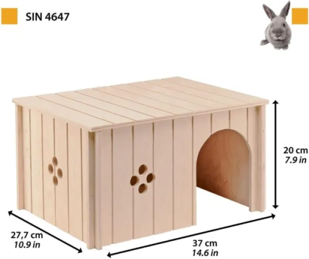 Maison en Bois pour Lapins, Cochons d’Inde et Hamsters Sin 4647, Bois Certifié FSC®, Fenêtre de Ventilation, Montage sans Outils, 37 x 27,7 x H 20 cm, Taille XL Toit Plat XL