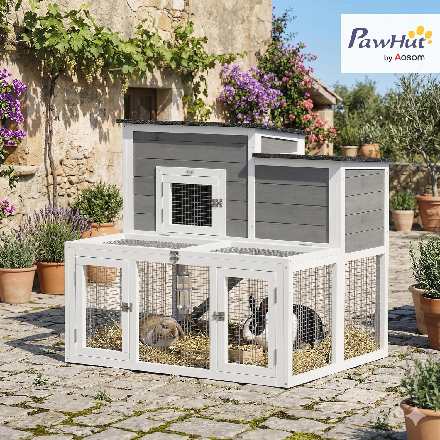 Clapier Lapin Extérieur en Bois, Double Toit Ouvrant Imperméable - Cage à Lapin Intérieur 2 Niveaux avec Enclos, Plateau Profond Antifuite et Rampe - Abri Cage pour Rongeurs Poulailler, Gris