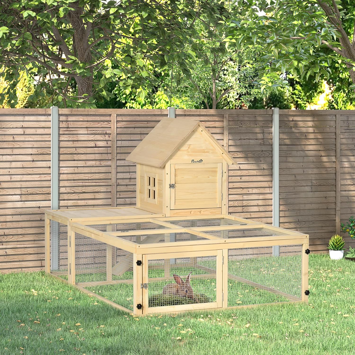 Clapier en Bois enclos pour Animaux Villa pour Lapin 2 Niveaux avec Aire de Course Rampe et Portes verouillables 151,5 x 106 x 97 cm Bois naturel L 152 x l 106 x H 97 cm