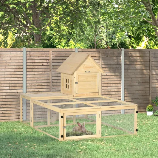 Clapier en Bois enclos pour Animaux Villa pour Lapin 2 Niveaux avec Aire de Course Rampe et Portes verouillables 151,5 x 106 x 97 cm Bois naturel L 152 x l 106 x H 97 cm