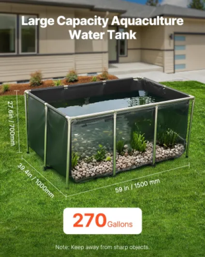 Bassin à Poissons Hors Sol, Capacité 1023,3 L, Étang à Poissons en Toile PVC, avec Panneau Transparent, Cadre en Acier Inoxydable et Vanne de Vidange, pour Poissons Rouges, Carpes, Koïs, Noir Avec panneau transparent 270Gal/59x39x28in