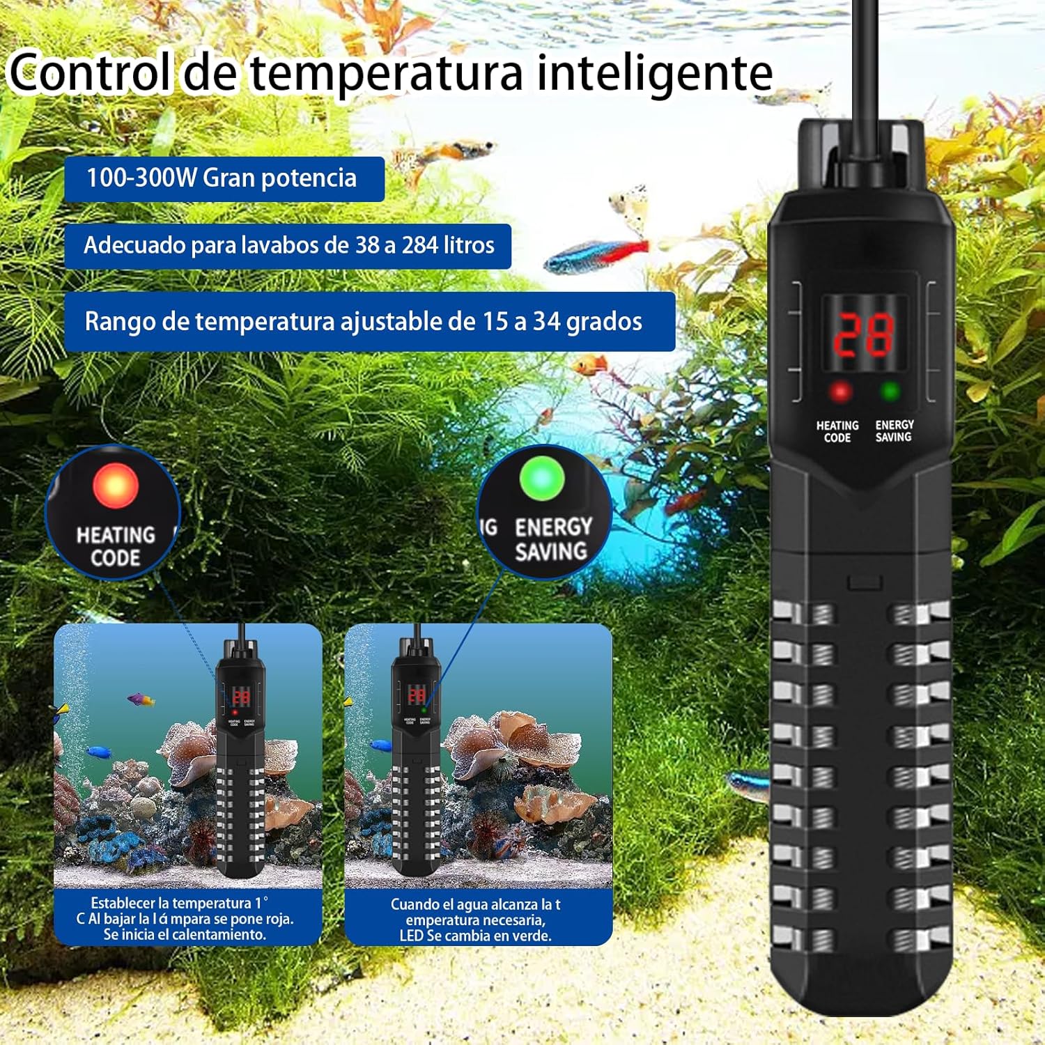 HUIZHOU Chauffage pour Aquarium (15-34 °C), thermoplongeur réglable pour Aquarium 100-300 W, Chauffage à Thermostat Haute Performance pour Aquariums et bassins à Poissons (300W)