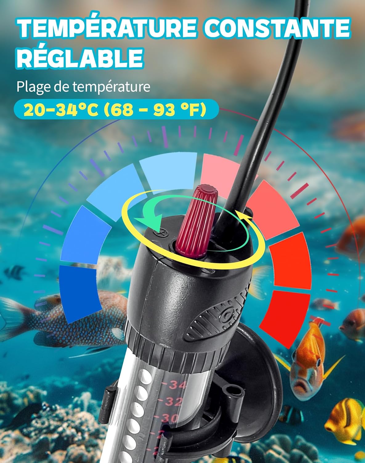 Chauffage Aquarium 25W pour 10L 20L 30L Chauffage pour Aquarium avec réglage 20–34°C