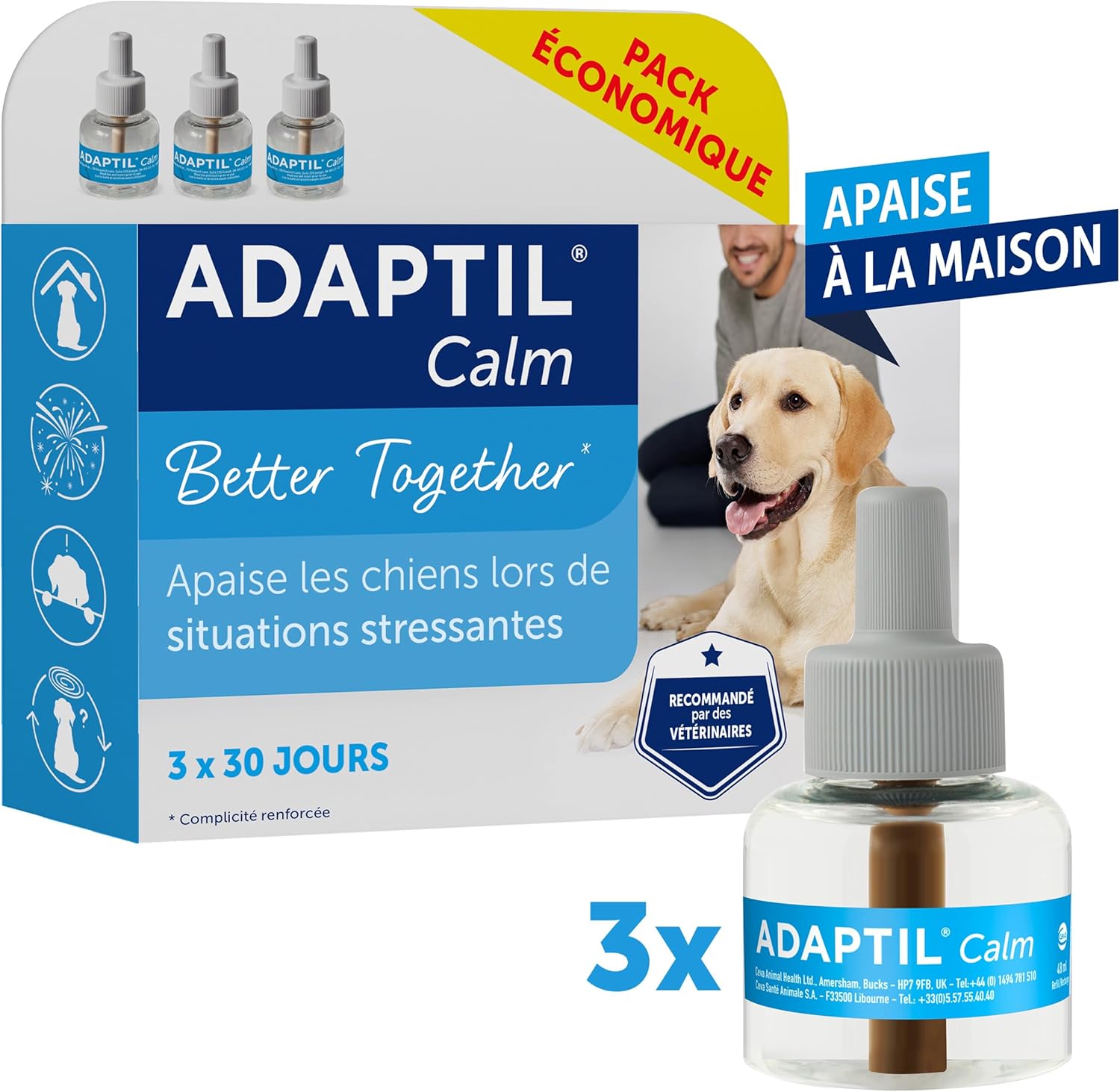 Calm - Pack 3 recharges pour diffuseur Anti-Stress pour Chiens - Mode d'action Naturel - Agit Pendant 3x30 Jours - sans Somnolence - Fabriqué en France Lot de 3 recharges de 30 jours