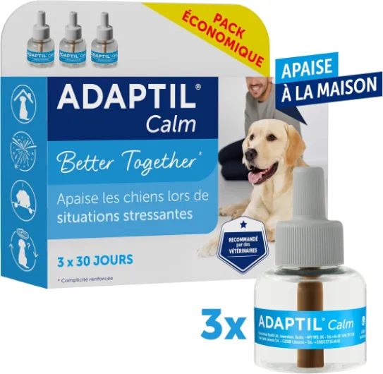 Calm - Pack 3 recharges pour diffuseur Anti-Stress pour Chiens - Mode d'action Naturel - Agit Pendant 3x30 Jours - sans Somnolence - Fabriqué en France Lot de 3 recharges de 30 jours