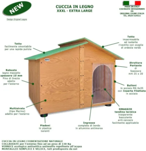 ORIGINAL LEGNO Achetez à l'usine Niche en Bois pour Chiens d'Extérieur Renforcée Cadeau Rideau Fabriqué en Italie Modèle Extra Large - Mod - XXXL