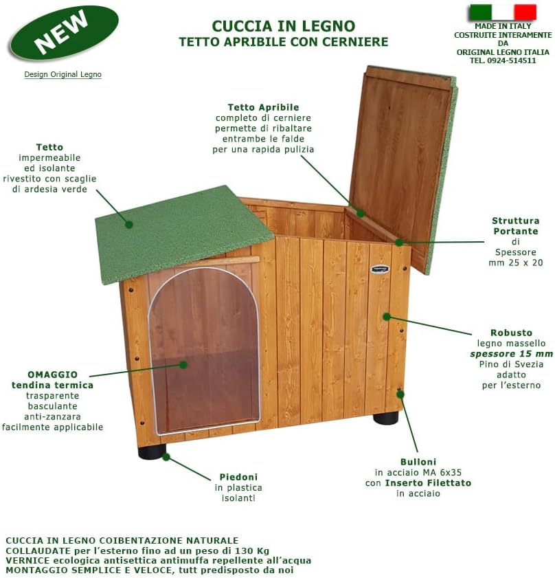 ORIGINAL LEGNO Achetez à l'usine Niche en Bois pour Chiens d'Extérieur Renforcée Cadeau Rideau Fabriqué en Italie Modèle Oasi Taille D - Berger Allemand 102x80xH80