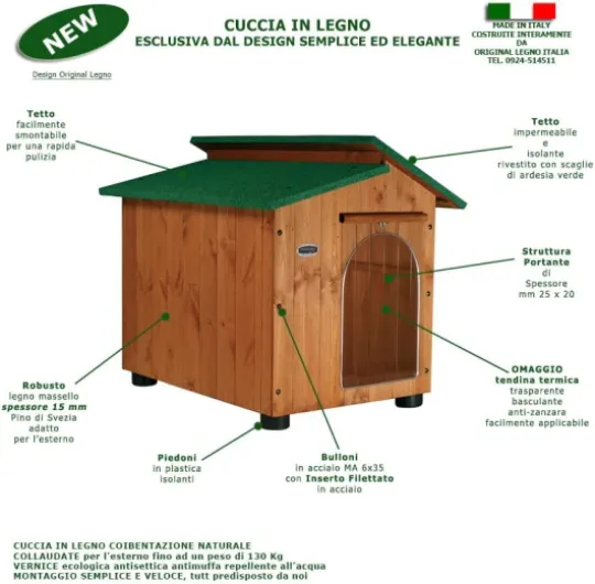 Achetez à l'usine Niche en Bois pour Chiens d'Extérieur Renforcée Cadeau Rideau Fabriqué en Italie Modèle Alpi Taille A - Chihuahua/Chat 45x60xH48